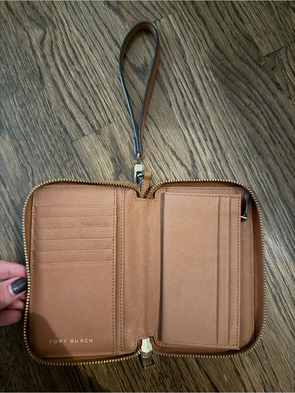 Tory Burch Cognac Leather Zip Wristlet with Gold Logo